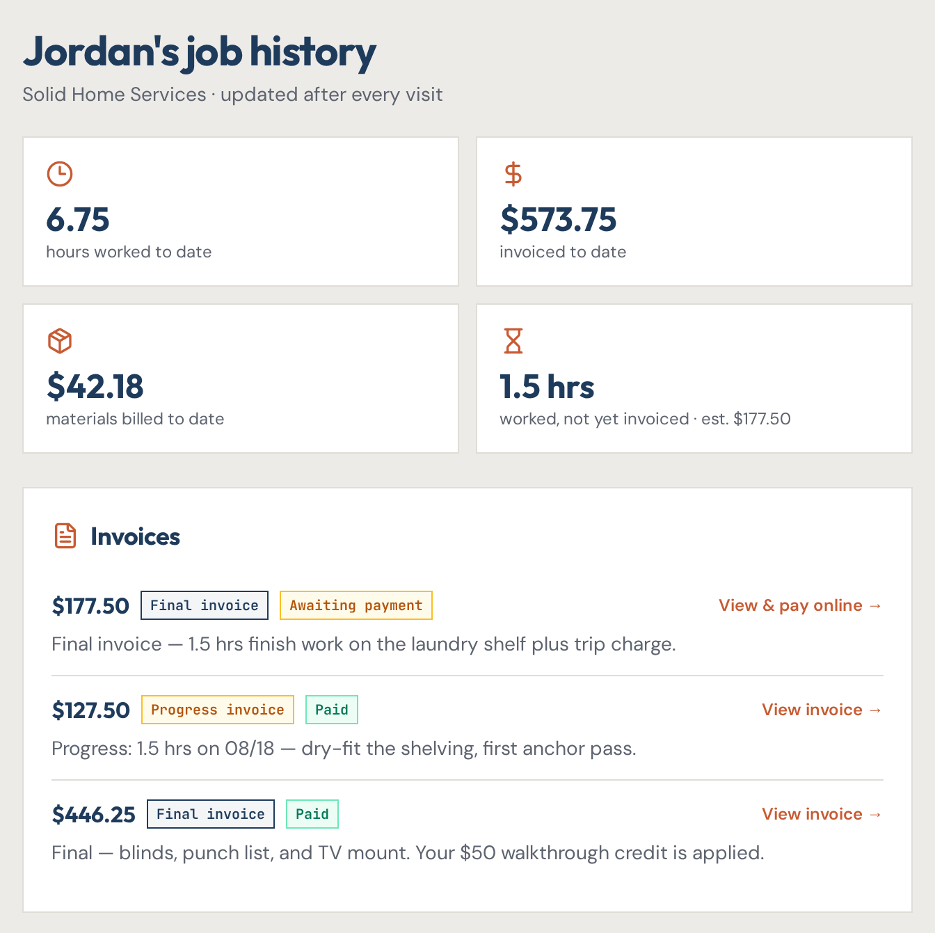 Sample Solid Home Services customer portal — job history with hours, invoices, and visit photos